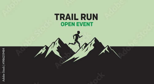 Trail Run Open Event Silhouette: Energetic Runner Conquering Mountain Peaks Illustration