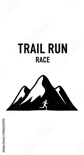 Trail Run Race Poster Featuring Silhouette of Runner and Majestic Mountain Range Design