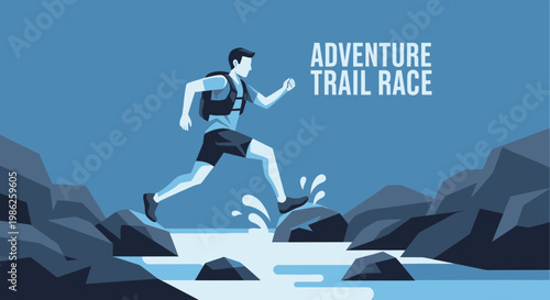 Trail Runner in Action Crossing Water During the Adventure Race Illustration