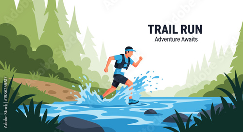 Trail Runner Crossing Stream Amidst Lush Greenery, Adventure, and Fitness Concept