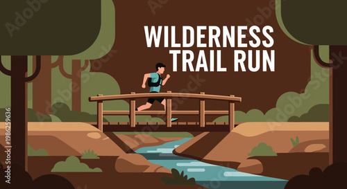 Trail Runner Crossing Wooden Bridge in a Forest During a Wilderness Trail Run Competition