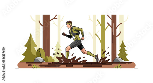 Trail Runner Navigating Muddy Terrain Through a Forest Setting for Endurance Activities