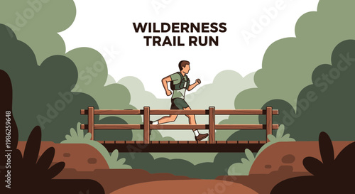 Trail Runner Crossing Wooden Bridge in a Forest During Wilderness Trail Run Activity