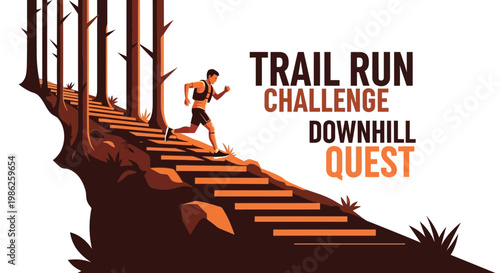 Trail Runner Descending Forest Stairs, Engaging in Downhill Challenge and Competitive Quest