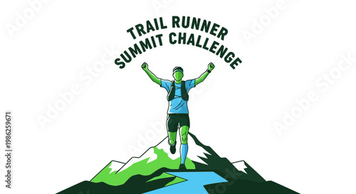 Trail Runner Reaching Summit, Challenge Conquered, Mountain Race, Athletic Victory Illustration