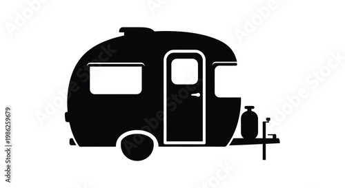 Black silhouette of a vintage camper trailer with a rounded design