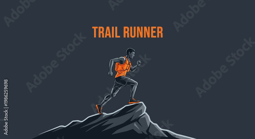 Trail Runner Silhouette Ascending a Rocky Peak With Vivid Orange Accents Illustrating Vigor
