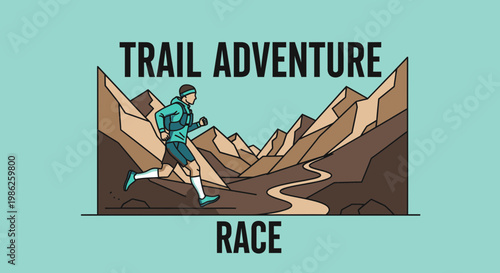 Trail Running Challenge: Mountain Landscape, Adventure Race Illustration Design