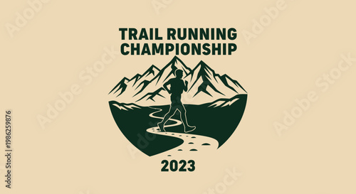 Trail Running Championship Logo Depicting Athlete Amidst Mountainous Landscape