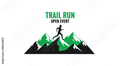 Trail Running Event Logo Depicting Athlete Sprinting Across Mountain Peaks Graphic Design