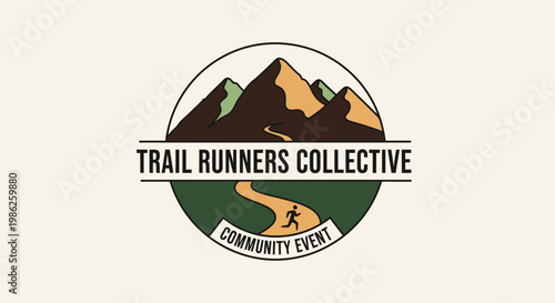Trail Running Community Event Logo: Vector Illustration of Mountains and Runners' Path