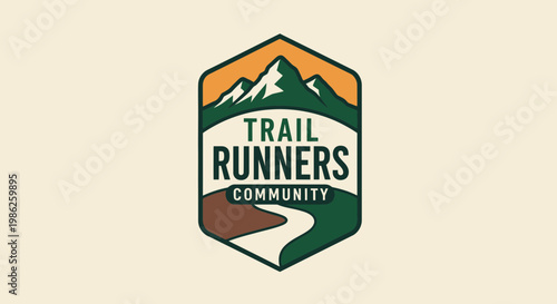 Trail Running Community Logo Featuring Mountains, River, and Outdoor Adventure Elements
