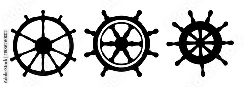 Cruise ship steering wheel set with solid black icon, white background, simple line art flat design featuring nautical, maritime, vessel steering with vector and graphic