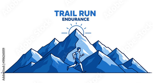 Trail Running Silhouette with Mountain Peak Sun and Endurance Challenge Theme