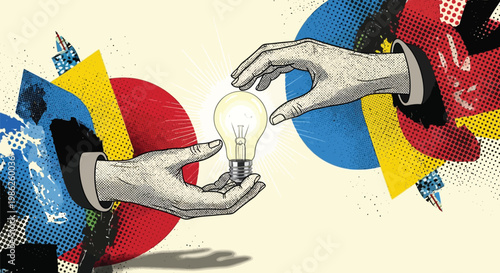 Creative idea concept hands holding light bulb pop art halftone collage illustration