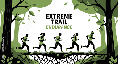 Trail Running Silhouette: Endurance Athletes Racing Through Forest Landscapes Illustration