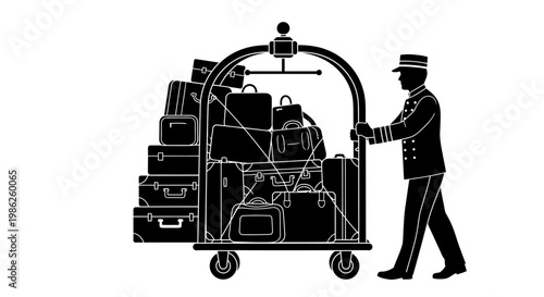 A classic black and white illustration depicts a hotel bellhop struggling with a heavily loaded luggage cart showcasing a bold silhouette high quality professional