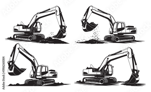 Heavy excavator machinery set, construction site working equipment vector illustration, earthmoving machines, industrial building development concept isolated design elements