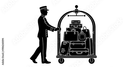 A detailed black silhouette depicts a hotel bellhop pushing a luggage cart piled high with travel bags and suitcases silhouette high quality professional modern