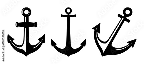 Anchor icon set with a solid black design featuring a mariner's anchor, ship's anchor, naval emblem with mooring and marine symbols