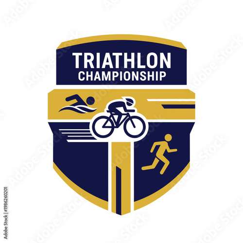 Triathlon Championship Emblem: Dynamic Design Showcasing Swimming, Cycling, and Running Excellence
