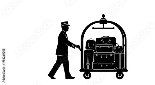 A striking black silhouette depicts a hotel bellhop diligently pushing a fully loaded luggage cart showcasing classic service and hospitality silhouette high quality professional