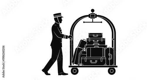 A classic black and white illustration depicts a hotel bellhop with luggage showcasing a vintage travel scene in silhouette high quality professional detailed modern