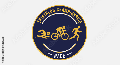 Triathlon Championship Emblem Depicting Swimming, Cycling, And Running Competition