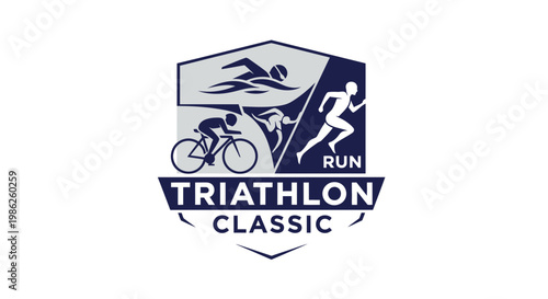Triathlon Classic Emblem Depicting Swimming, Cycling, and Running in a Sporting Event