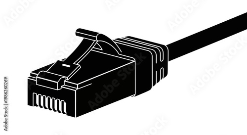 A sharply defined black silhouette of an rj45 ethernet cable connector against a stark white background showcasing modern technology high quality professional detailed elegant