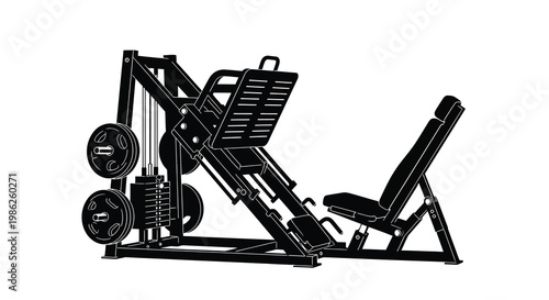 Black silhouette of a gym leg press machine with weight plates