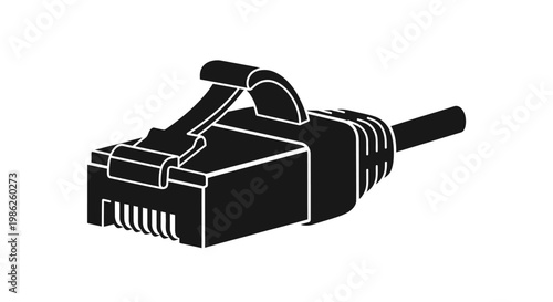 A stark black silhouette depicts a standard rj45 ethernet cable connector showcasing its rectangular form and metallic clip silhouette high quality professional detailed modern