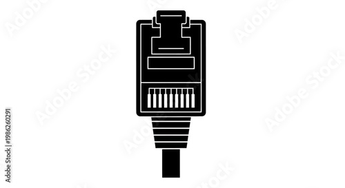A stark black silhouette depicts a standard rj45 ethernet connector commonly used for networking and data transmission silhouette high quality professional detailed modern elegant