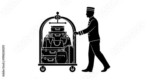A striking black and white depiction of a hotel bellhop pushing a fully loaded luggage cart showcasing a classic silhouette high quality professional detailed
