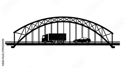 A stark black and white depiction of a bridge carrying a truck and car emphasizing architectural form and motion silhouette high quality professional detailed