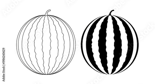A striking black and white illustration depicts two whole watermelons with detailed rind patterns showcasing a bold silhouette high quality professional modern elegant stylish