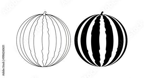 Two round watermelons are depicted in a simple line drawing style one with detailed rind lines and the other as a striking silhouette