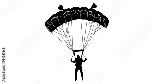 A striking black silhouette depicts a skydiver descending with a fully deployed parachute against a white background showcasing aerial adventure silhouette high quality professional