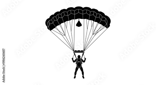 A striking black silhouette depicts a skydiver suspended beneath a fully deployed parachute showcasing the thrill of freefall silhouette high quality professional detailed modern