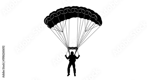 A striking black and white illustration depicts a parachutist descending with an open canopy showcasing a dramatic silhouette high quality professional detailed modern elegant