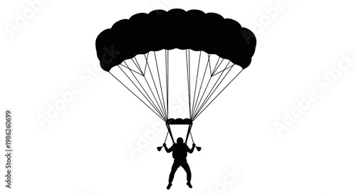 A dramatic depiction of a skydiver suspended in mid air with a fully deployed parachute presented as a bold silhouette high quality professional detailed
