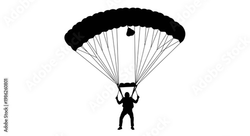 A dramatic black silhouette depicts a skydiver gracefully descending with a fully deployed parachute against a white backdrop silhouette high quality professional detailed modern