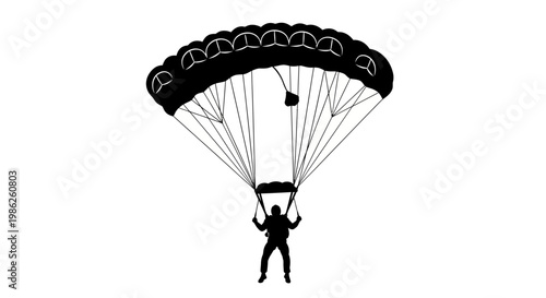 A striking black silhouette depicts a skydiver gracefully descending with a fully deployed parachute against a plain background silhouette high quality professional detailed modern