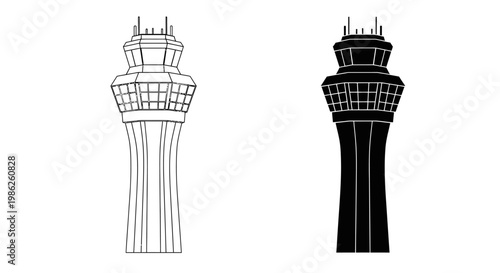 Two depictions of an air traffic control tower are presented one in white lines and one as a dark silhouette high quality professional detailed