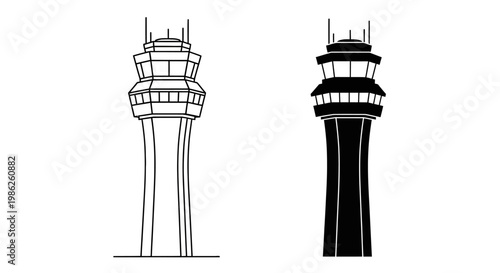 Bild auf Leinwand A pair of air traffic control towers are depicted in contrasting black and white