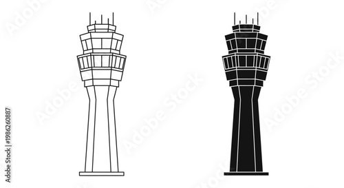 This image presents two distinct views of an air traffic control tower one in white lines and the other as a dark silhouette
