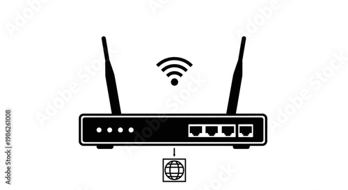 A minimalistic depiction showcases a black wireless router with two prominent antennas and a signal symbol presented as a silhouette high quality professional detailed