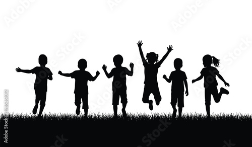 A group of children joyfully jumping and playing in a grassy field their forms depicted as a striking silhouette high quality professional detailed modern