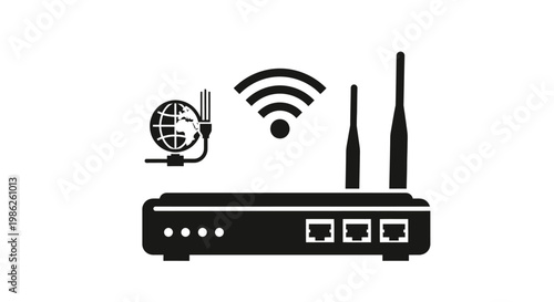 A stark black silhouette depicts a wireless router with a globe and wifi signal symbolizing global network connectivity and communication high quality professional detailed