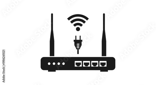 A black silhouette depicts a wireless router with two antennas a power plug and multiple ports showcasing modern connectivity solutions silhouette high quality professional